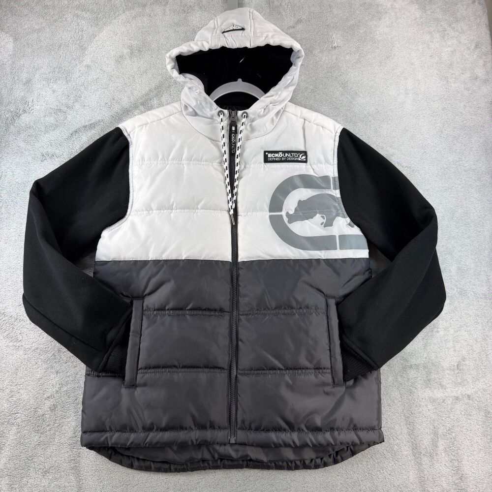 Ecko Unltd Mens S Hybrid Puffer Jacket Hooded Black White Gray Streetwear